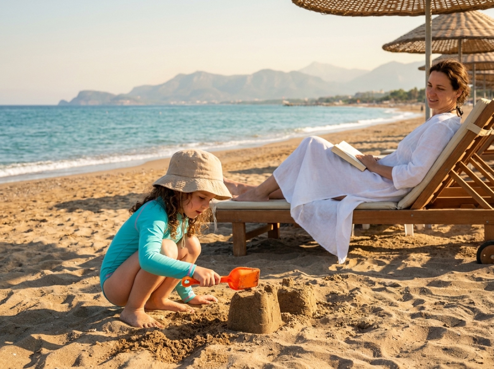 Mutter im Schatten der Strandliege beobachtet ihre Tochter beim Sandburgen-Bauen am Lara Strand in Antalya am frühen Morgen