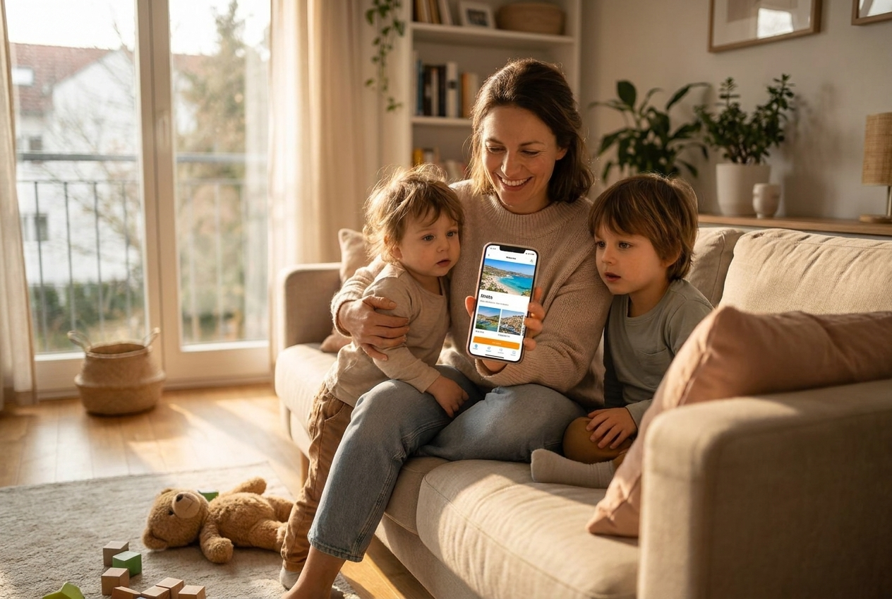 Mama zeigt Kindern das Quiz-Ergebnis auf dem Handy