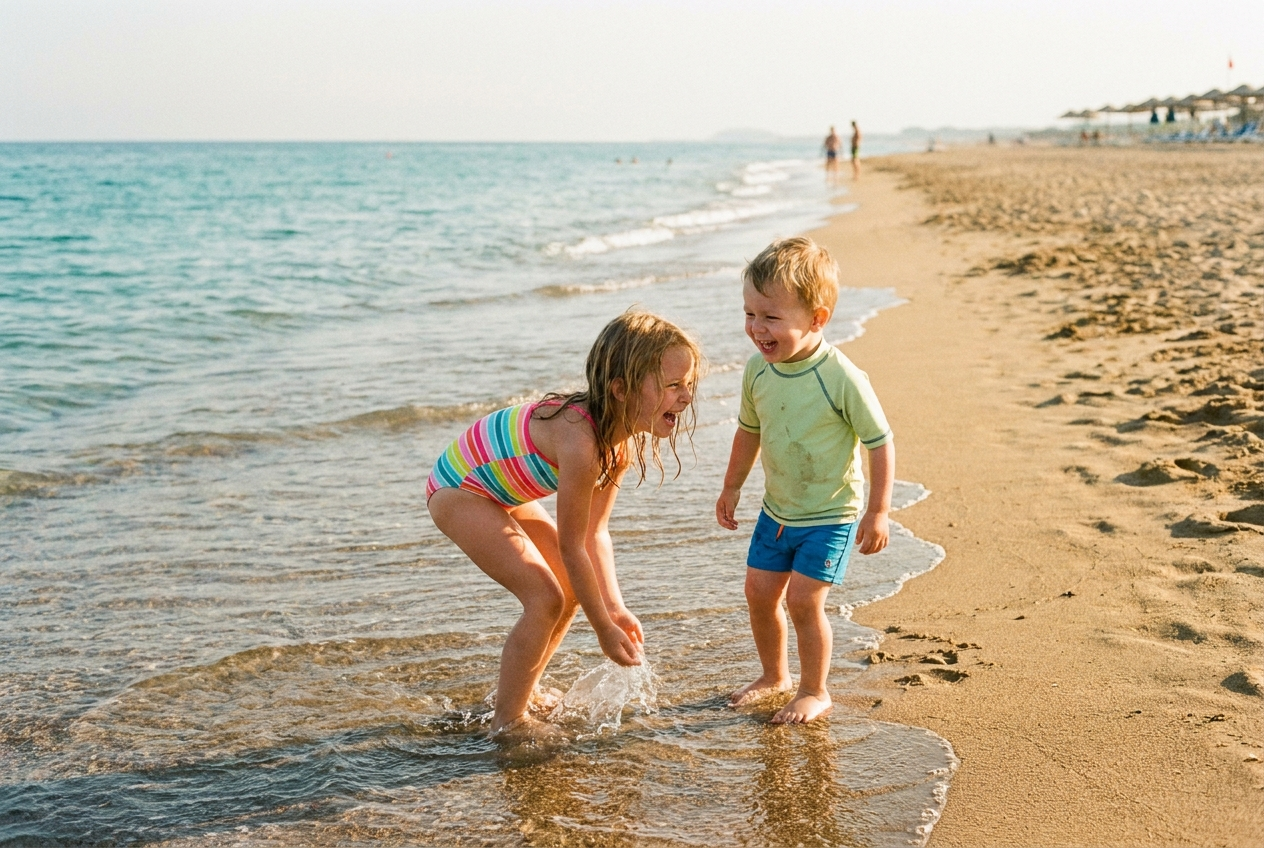 Zwei Kinder stehen lachend im knöcheltiefen Wasser am Strand von Lara