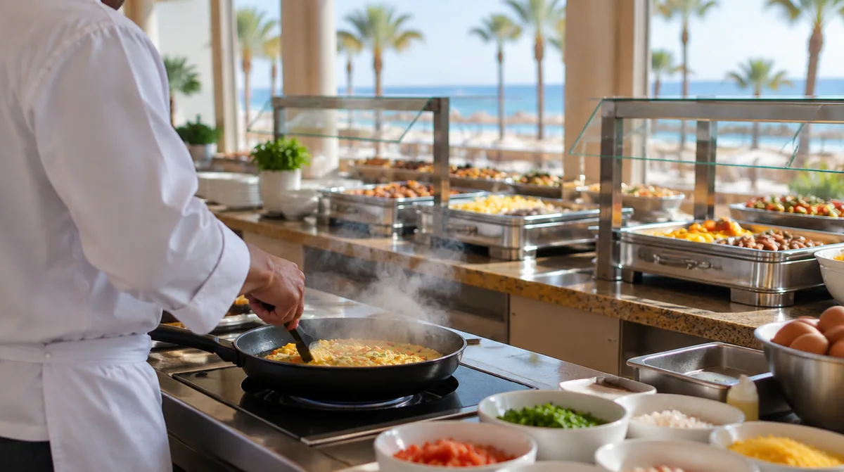 Showcooking-Station an einem Hotelbuffet am Roten Meer, ein Koch braet Eier in der Pfanne, dahinter Warmhaltebehaelter unter Glasabdeckung