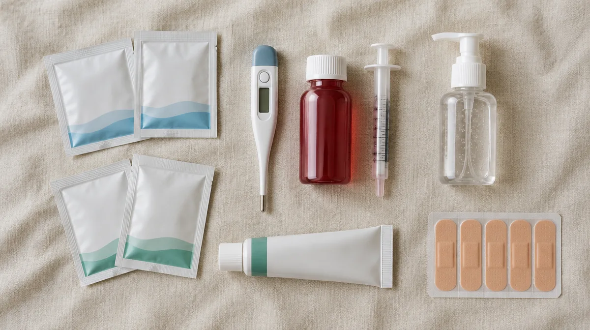 Ausgelegte Reiseapotheke fuer Familien mit Elektrolytbeuteln, Fieberthermometer, Fiebersaft mit Dosierspritze, Handdesinfektion, Salbe und Pflastern