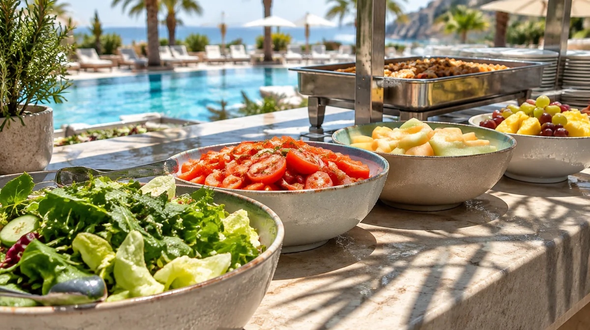 Offene Salatschuesseln, aufgeschnittene Melone und geschaeltes Obst stehen unbedeckt in der Sonne an einem Poolbuffet