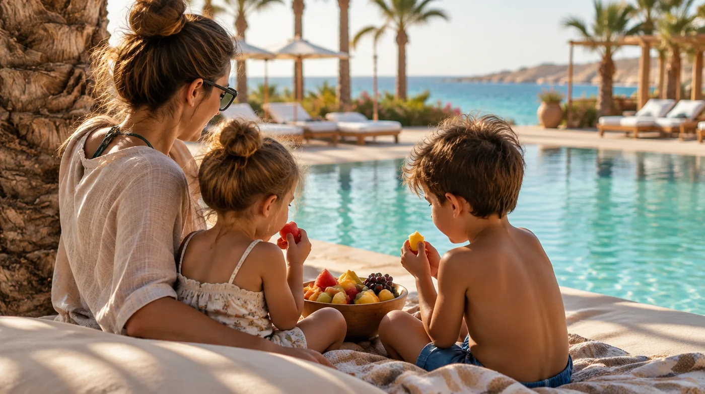 Mutter sitzt mit zwei Kindern am Poolrand eines Familienresorts in Hurghada und isst Obst, dahinter die Poollandschaft und das Rote Meer