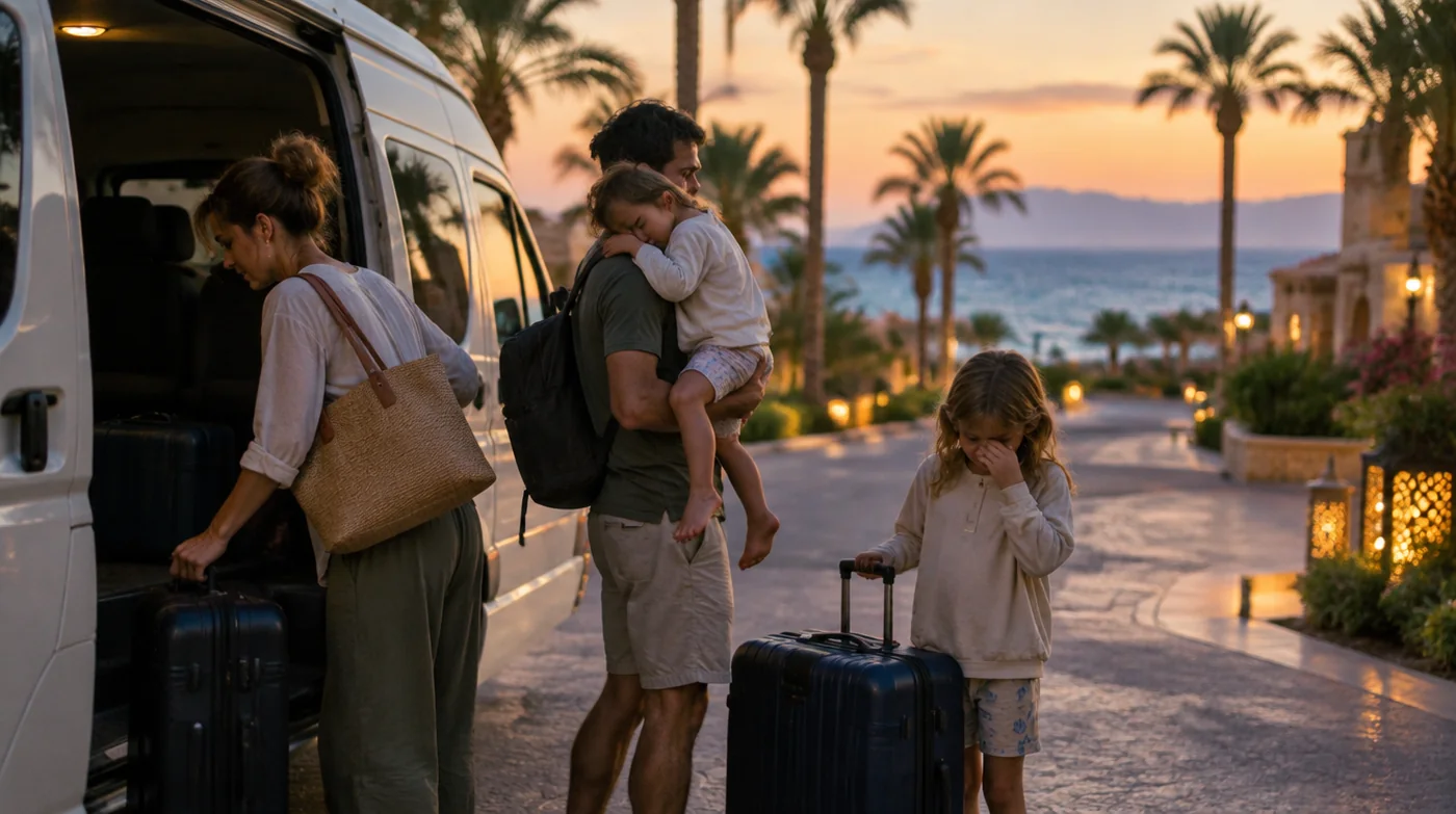 Familie kommt in der Daemmerung am Hotel an