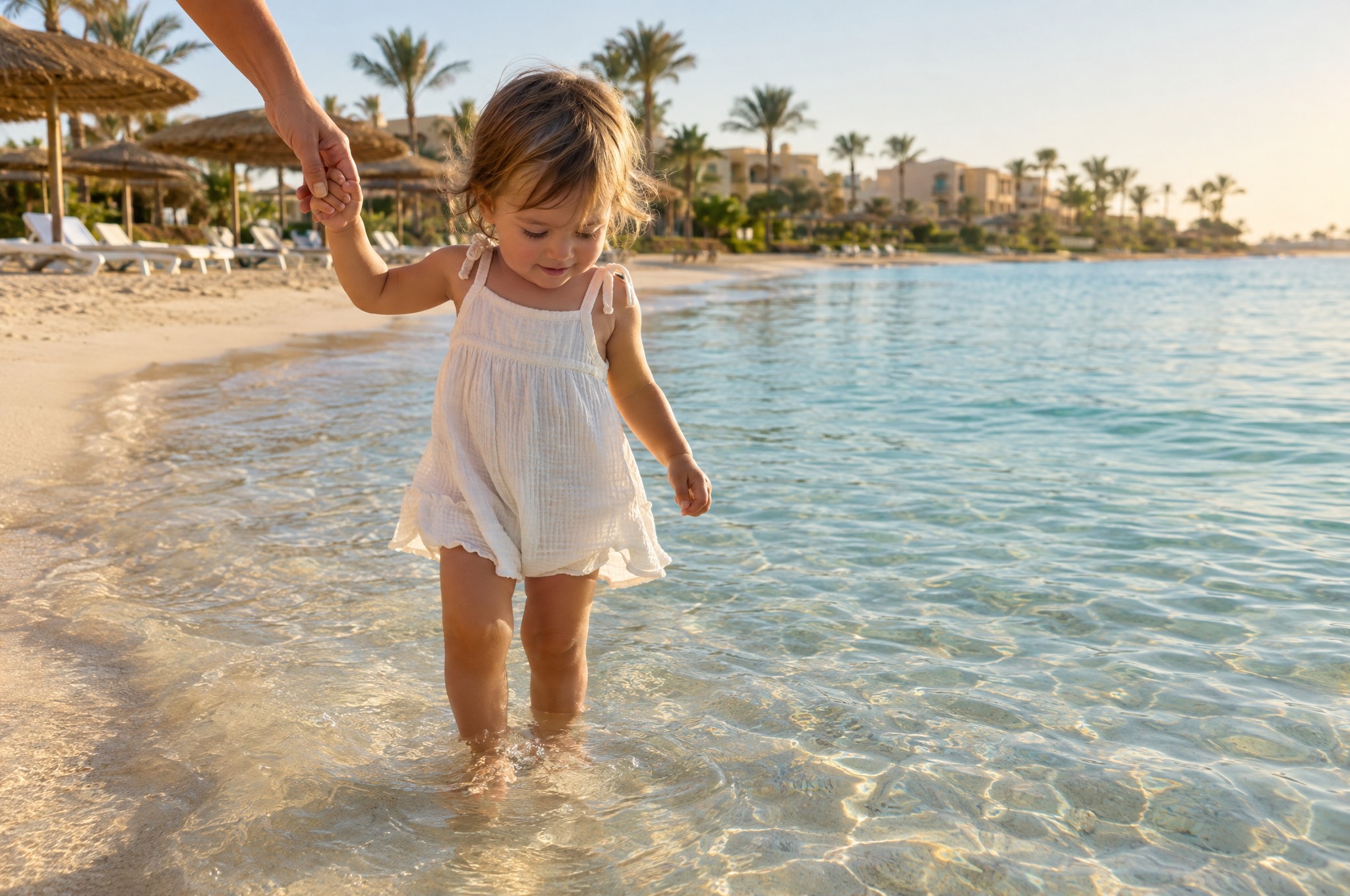 Kleinkind geht an der Hand eines Elternteils barfuß in knöcheltiefes klares Wasser an einem feinen Sandstrand am Roten Meer