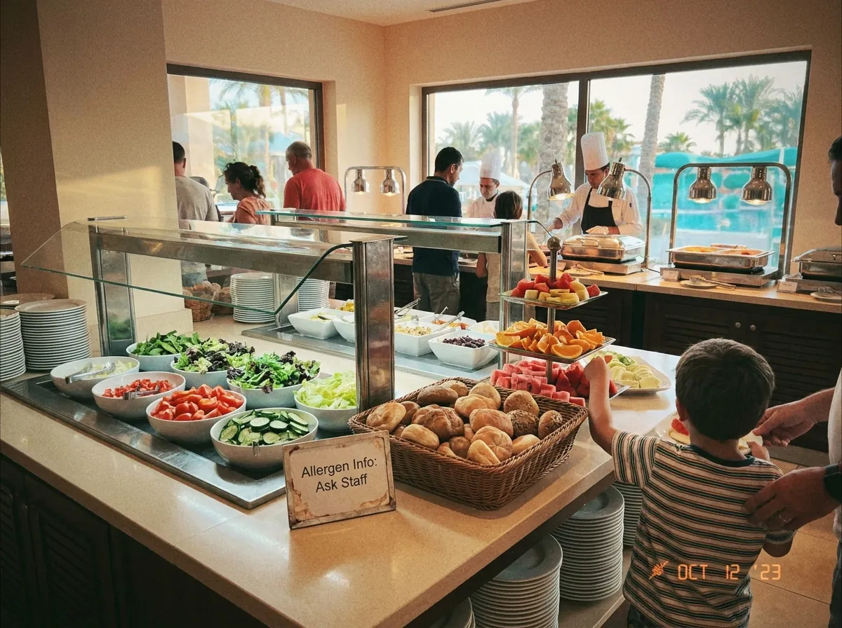 All-inclusive-Buffet mit Allergen-Hinweis in einem Familienhotel
